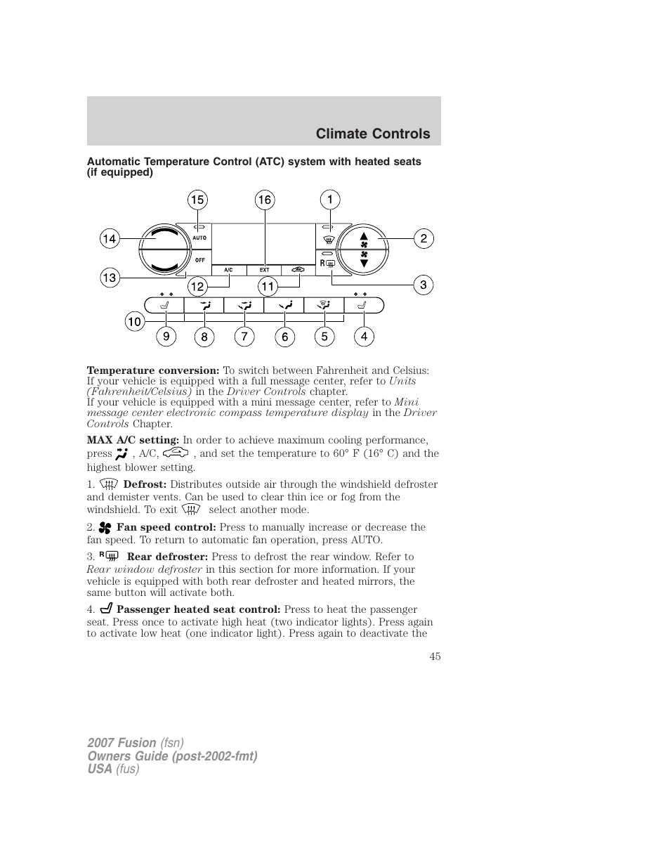 Climate controls | FORD 2007 Fusion v.1 User Manual | Page 45 / 280