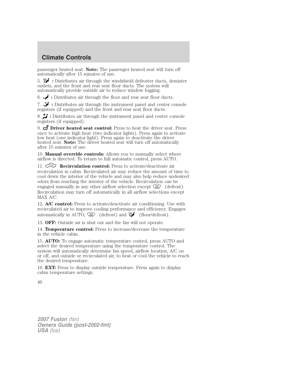 Climate controls | FORD 2007 Fusion v.1 User Manual | Page 46 / 280