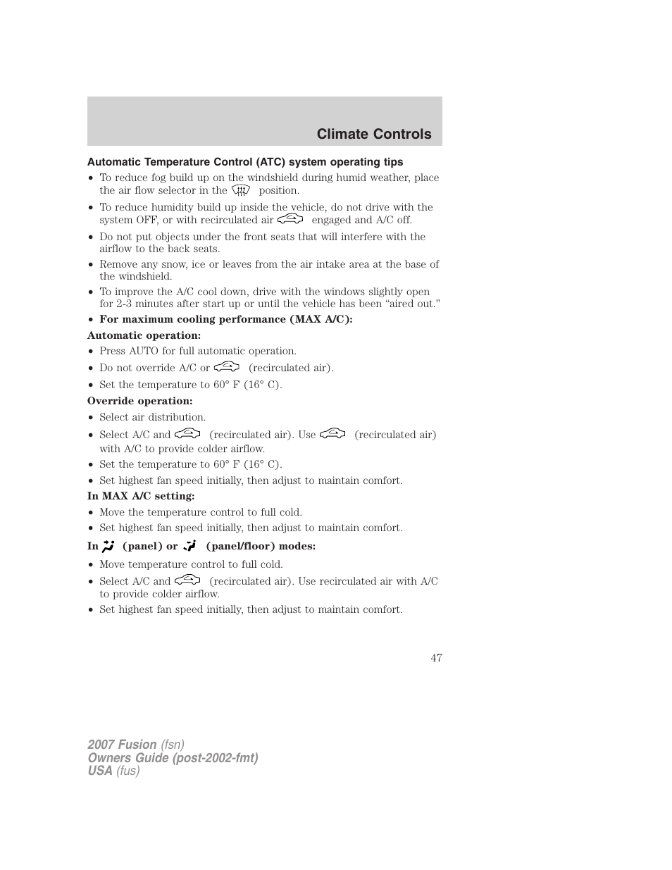 Climate controls | FORD 2007 Fusion v.1 User Manual | Page 47 / 280