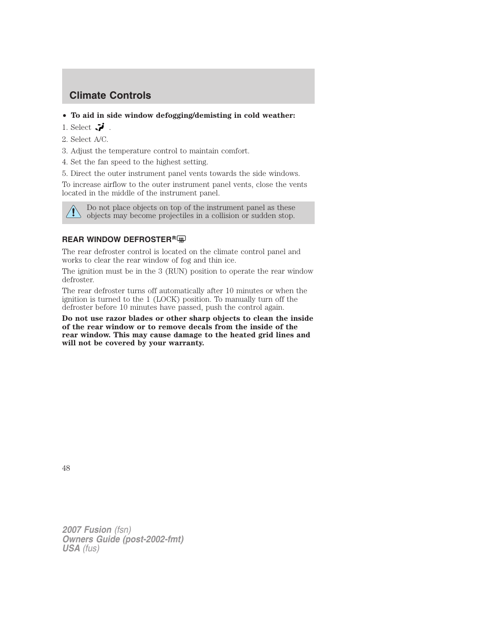 Rear window defroster, Climate controls | FORD 2007 Fusion v.1 User Manual | Page 48 / 280