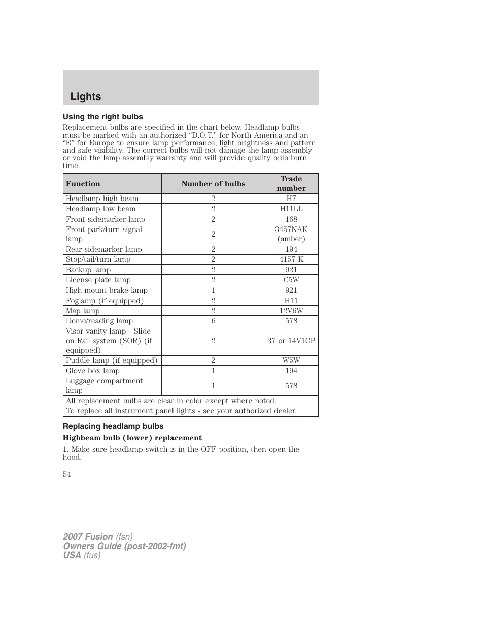 Using the right bulbs, Replacing headlamp bulbs, Lights | FORD 2007 Fusion v.1 User Manual | Page 54 / 280