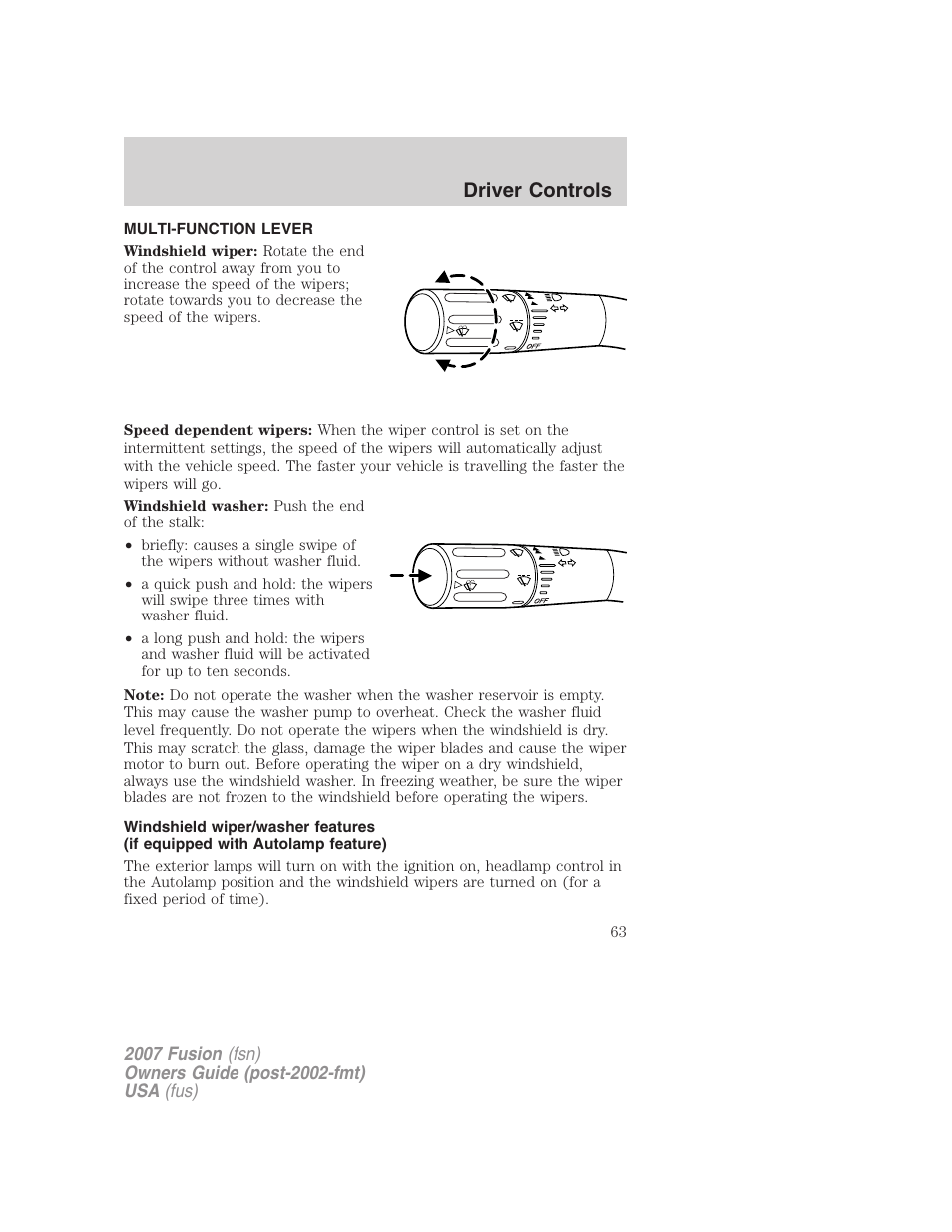 Driver controls, Multi-function lever, Windshield wiper/washer control | FORD 2007 Fusion v.1 User Manual | Page 63 / 280