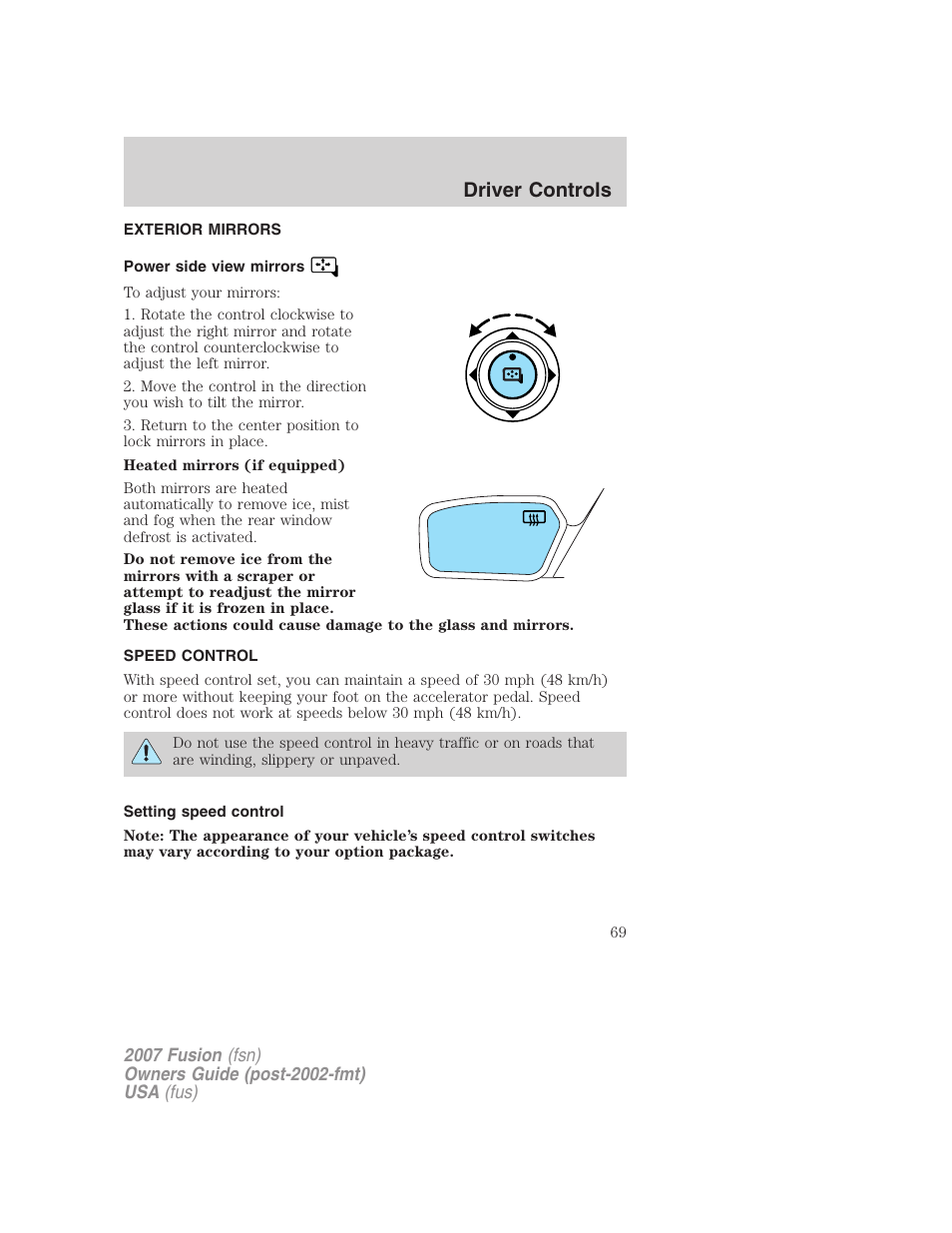 Exterior mirrors, Power side view mirrors, Speed control | Setting speed control, Mirrors, Driver controls | FORD 2007 Fusion v.1 User Manual | Page 69 / 280