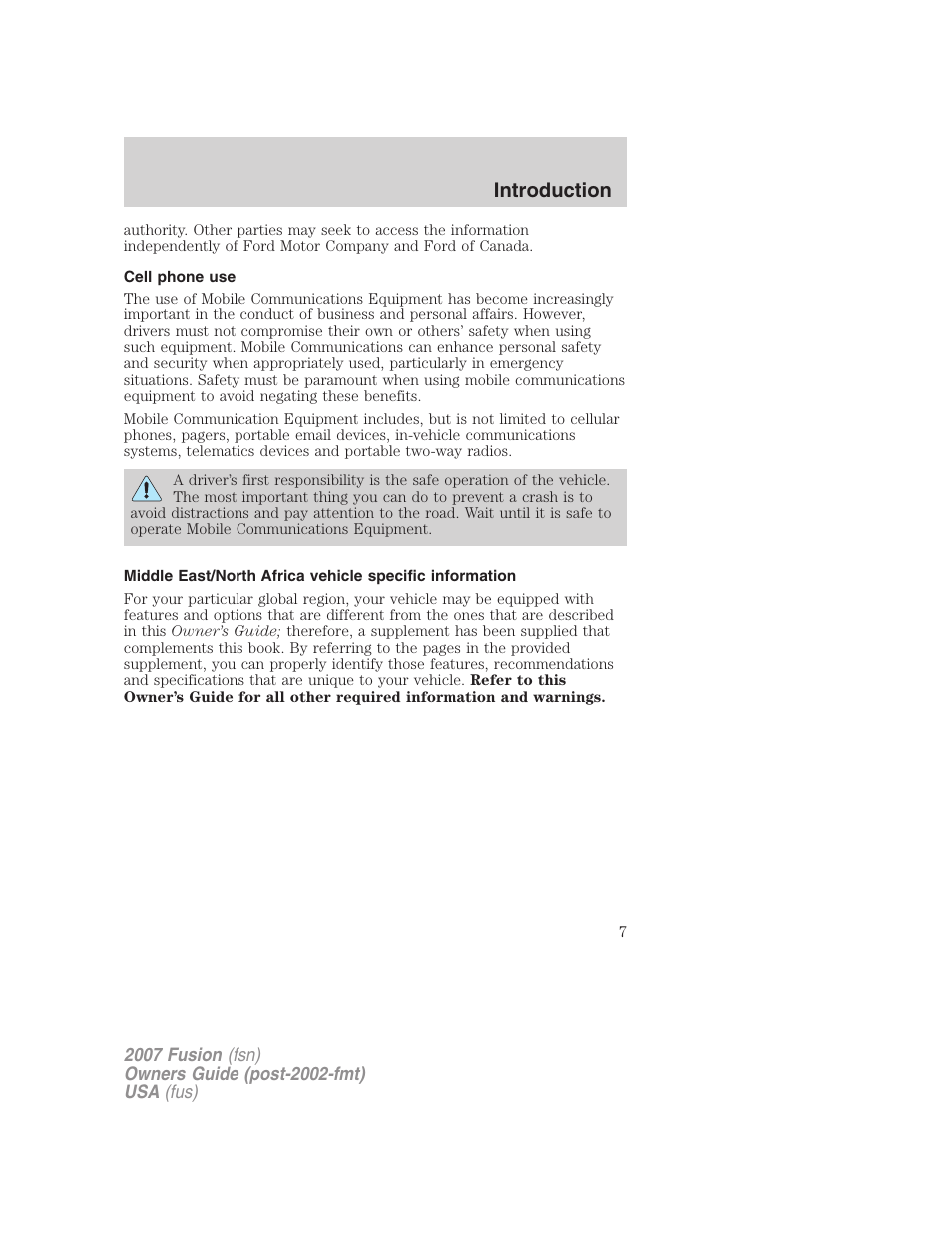 Cell phone use, Introduction | FORD 2007 Fusion v.1 User Manual | Page 7 / 280