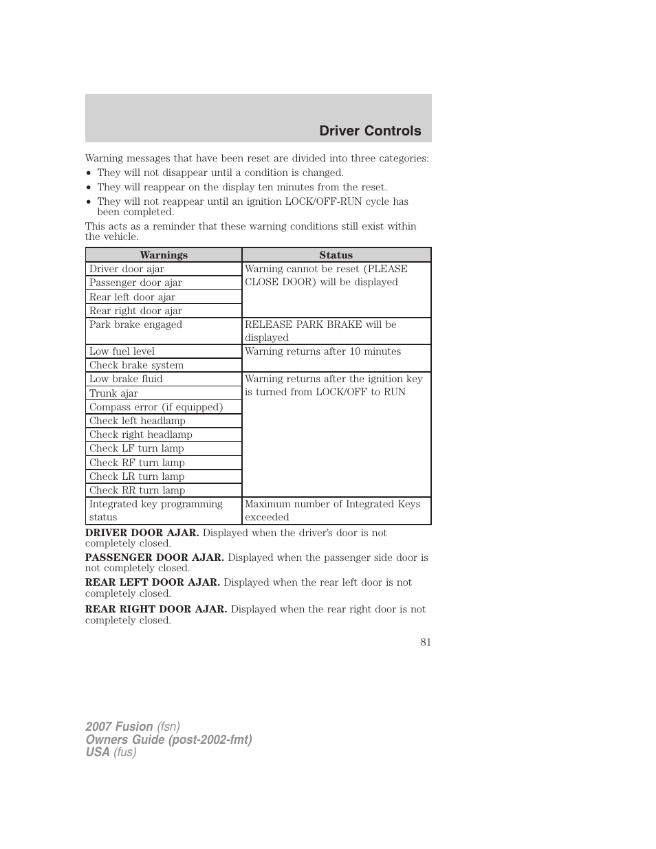 Driver controls | FORD 2007 Fusion v.1 User Manual | Page 81 / 280