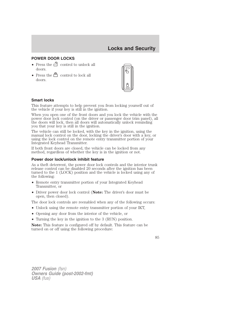 Power door locks, Smart locks, Power door lock/unlock inhibit feature | Locks, Locks and security | FORD 2007 Fusion v.1 User Manual | Page 85 / 280