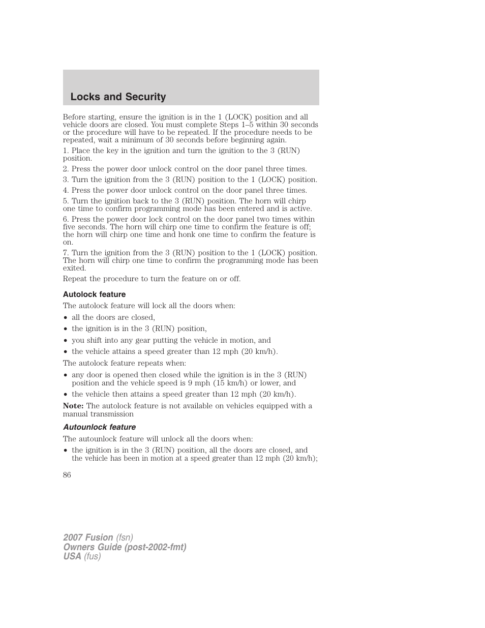 Autolock feature, Autounlock feature, Locks and security | FORD 2007 Fusion v.1 User Manual | Page 86 / 280