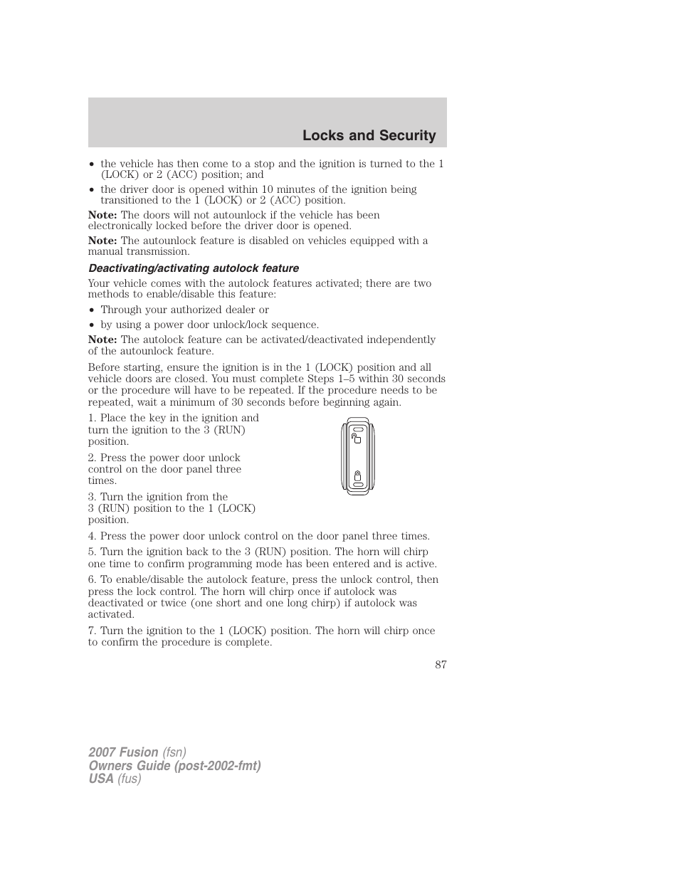 Deactivating/activating autolock feature, Locks and security | FORD 2007 Fusion v.1 User Manual | Page 87 / 280