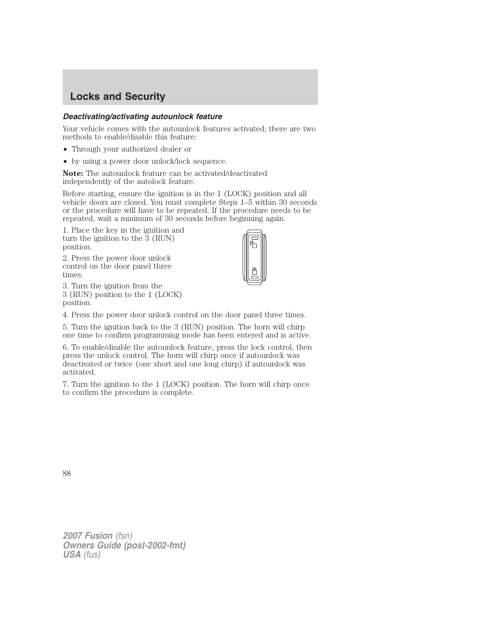 Deactivating/activating autounlock feature, Locks and security | FORD 2007 Fusion v.1 User Manual | Page 88 / 280