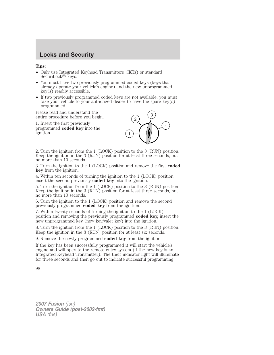 Locks and security | FORD 2007 Fusion v.1 User Manual | Page 98 / 280