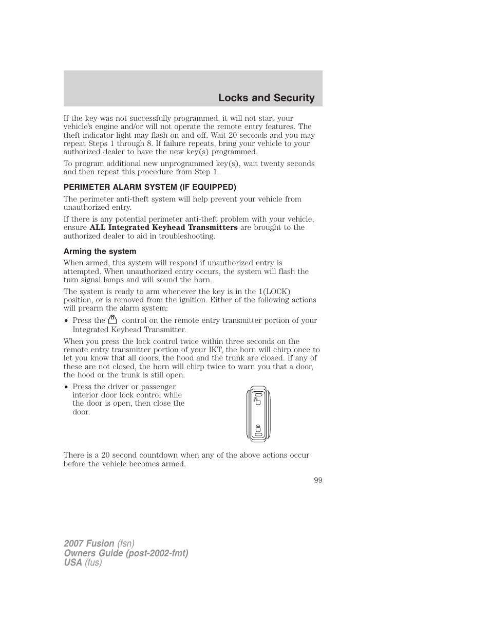 Perimeter alarm system (if equipped), Arming the system, Locks and security | FORD 2007 Fusion v.1 User Manual | Page 99 / 280