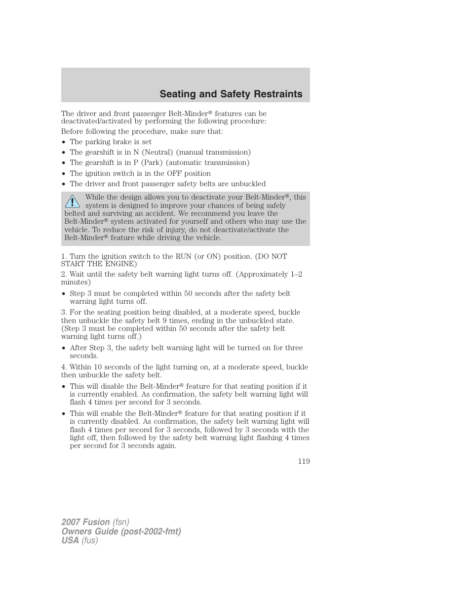 Seating and safety restraints | FORD 2007 Fusion v.2 User Manual | Page 119 / 280