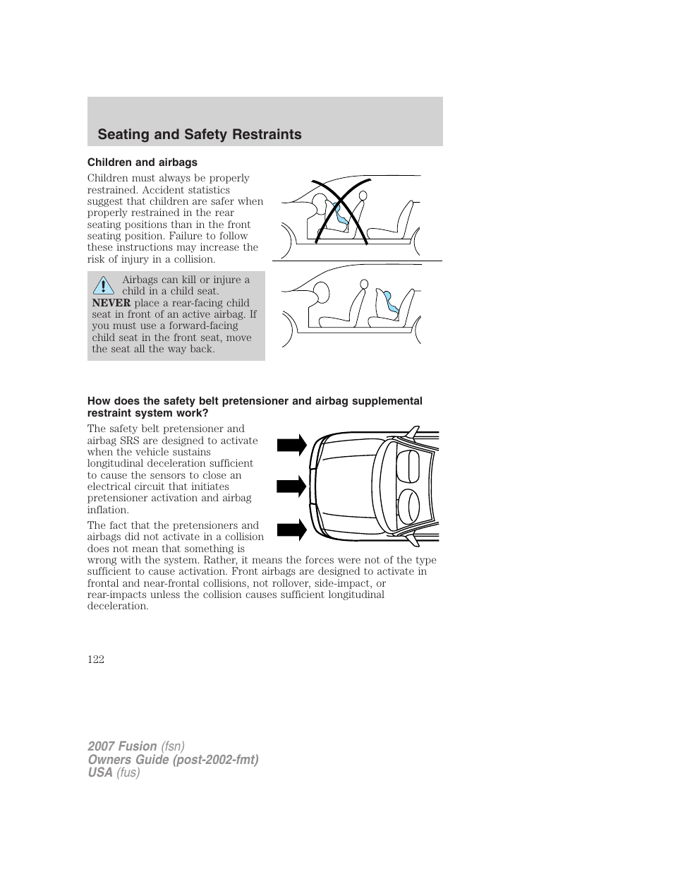 Children and airbags, Seating and safety restraints | FORD 2007 Fusion v.2 User Manual | Page 122 / 280