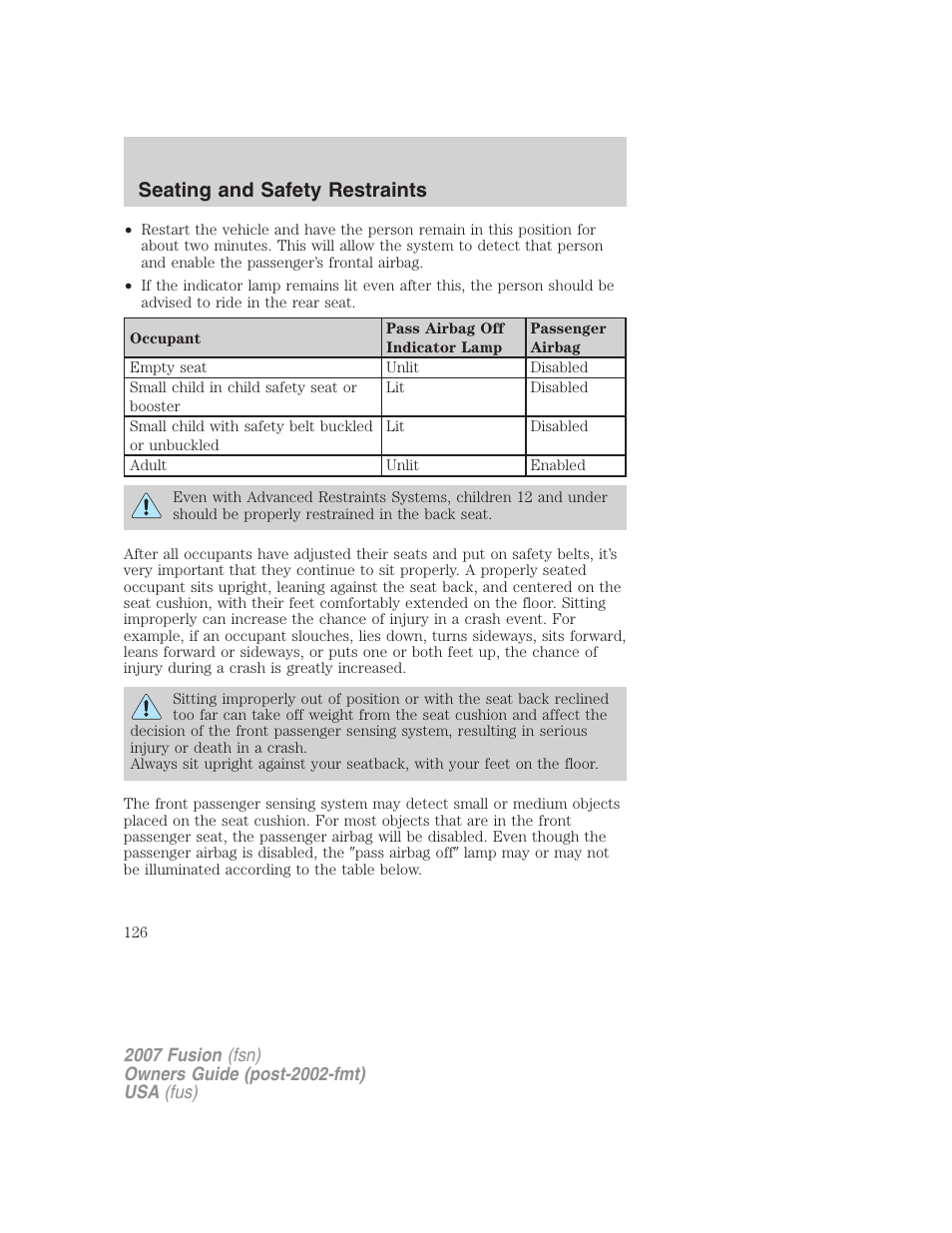 Seating and safety restraints | FORD 2007 Fusion v.2 User Manual | Page 126 / 280