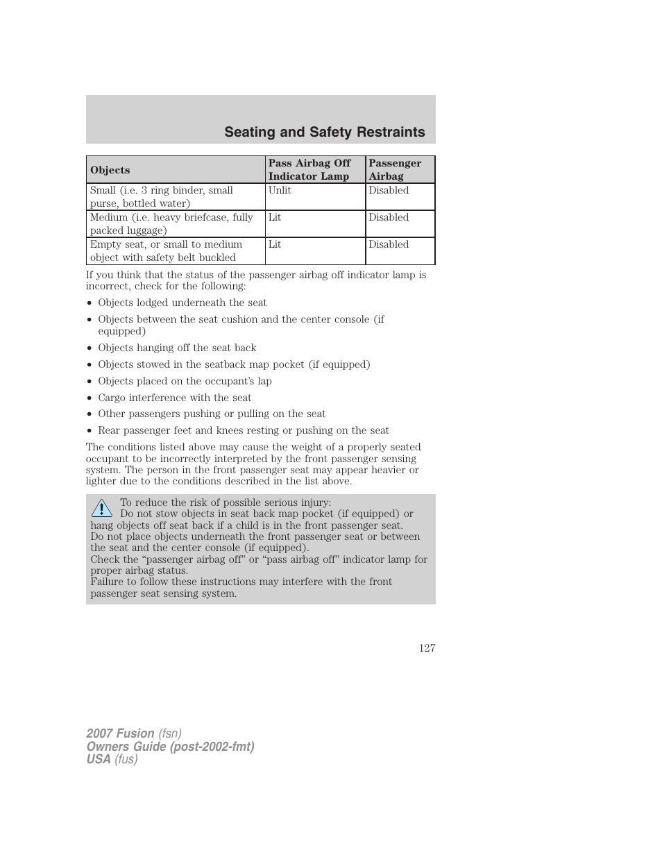 Seating and safety restraints | FORD 2007 Fusion v.2 User Manual | Page 127 / 280