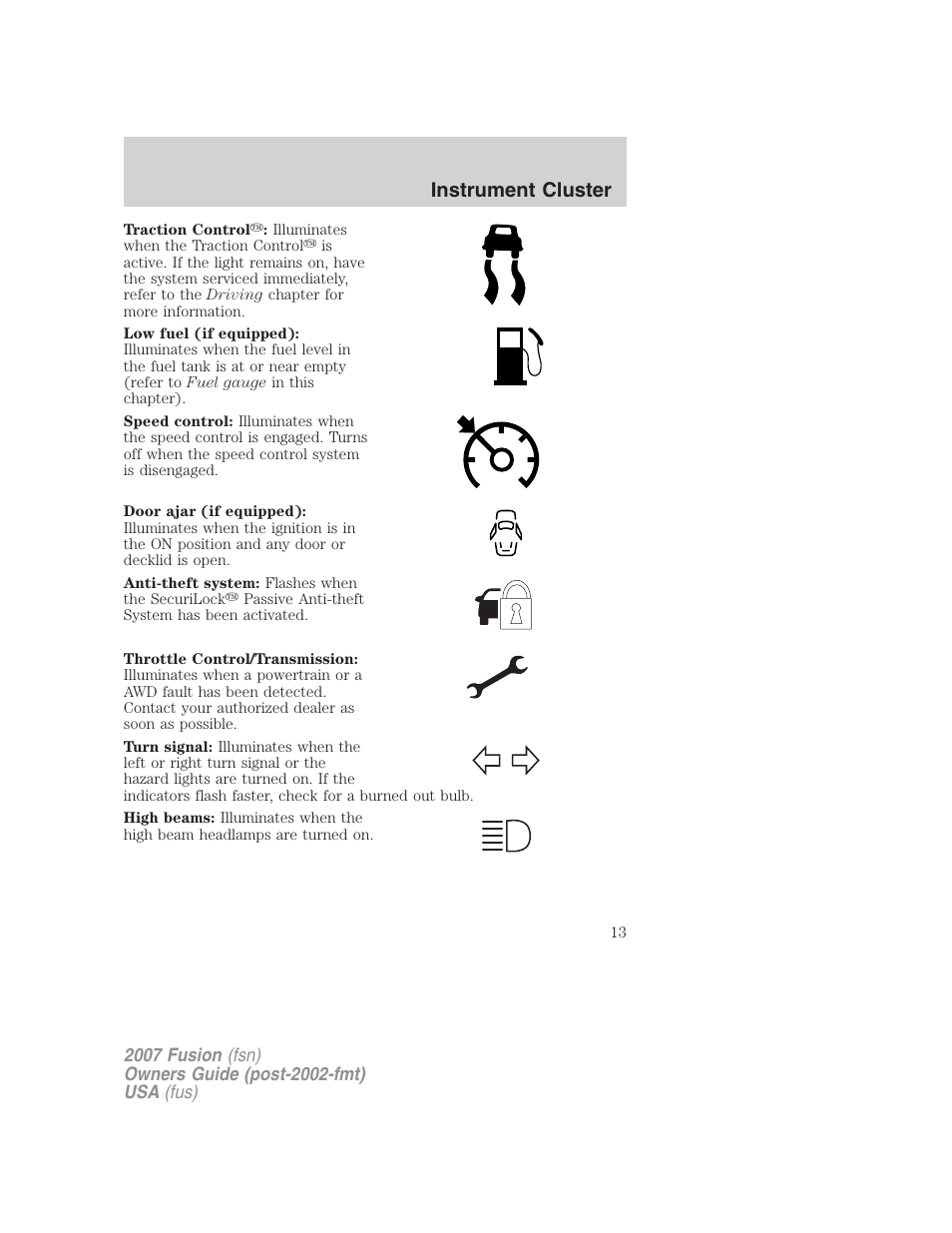 Instrument cluster | FORD 2007 Fusion v.2 User Manual | Page 13 / 280