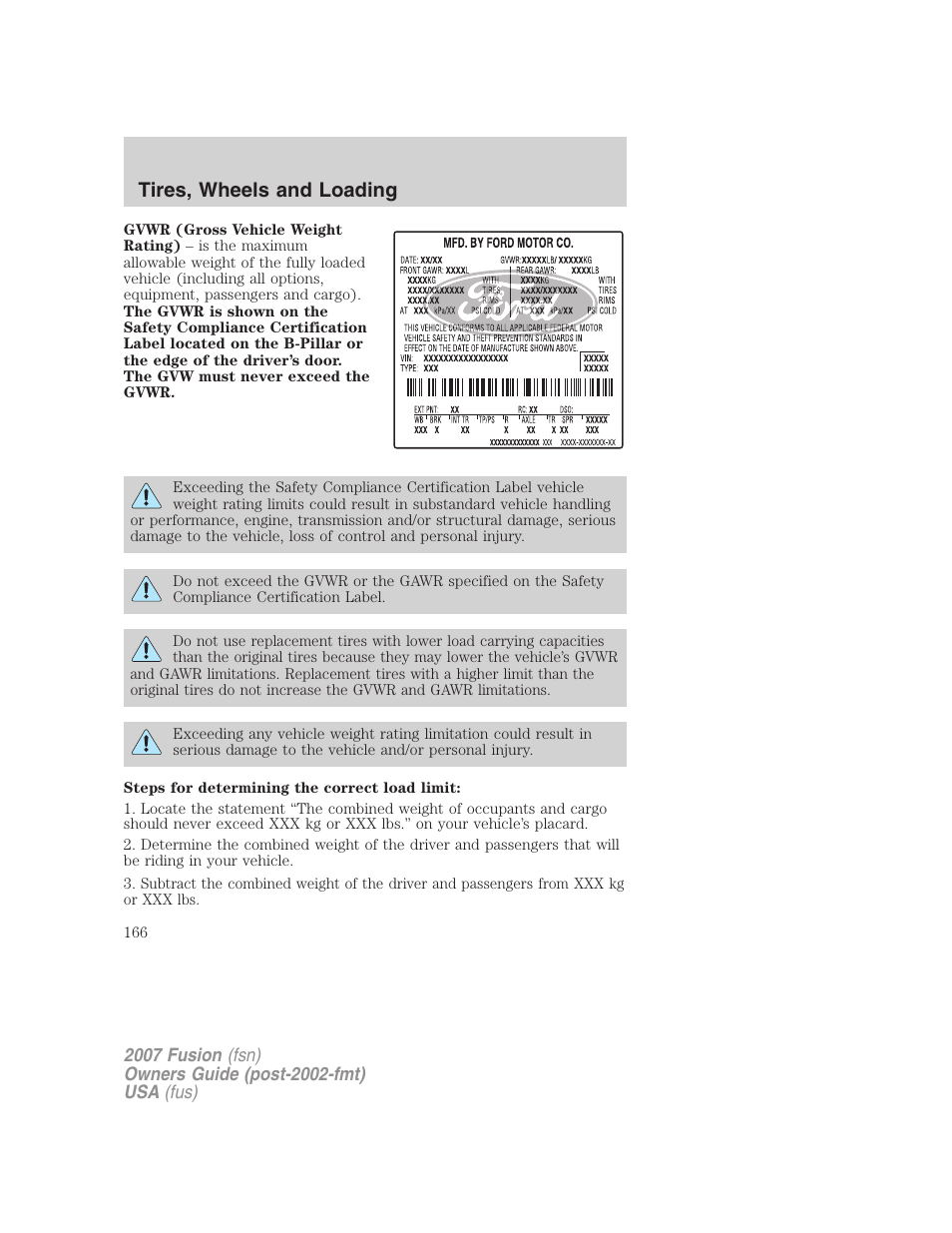 Tires, wheels and loading | FORD 2007 Fusion v.2 User Manual | Page 166 / 280