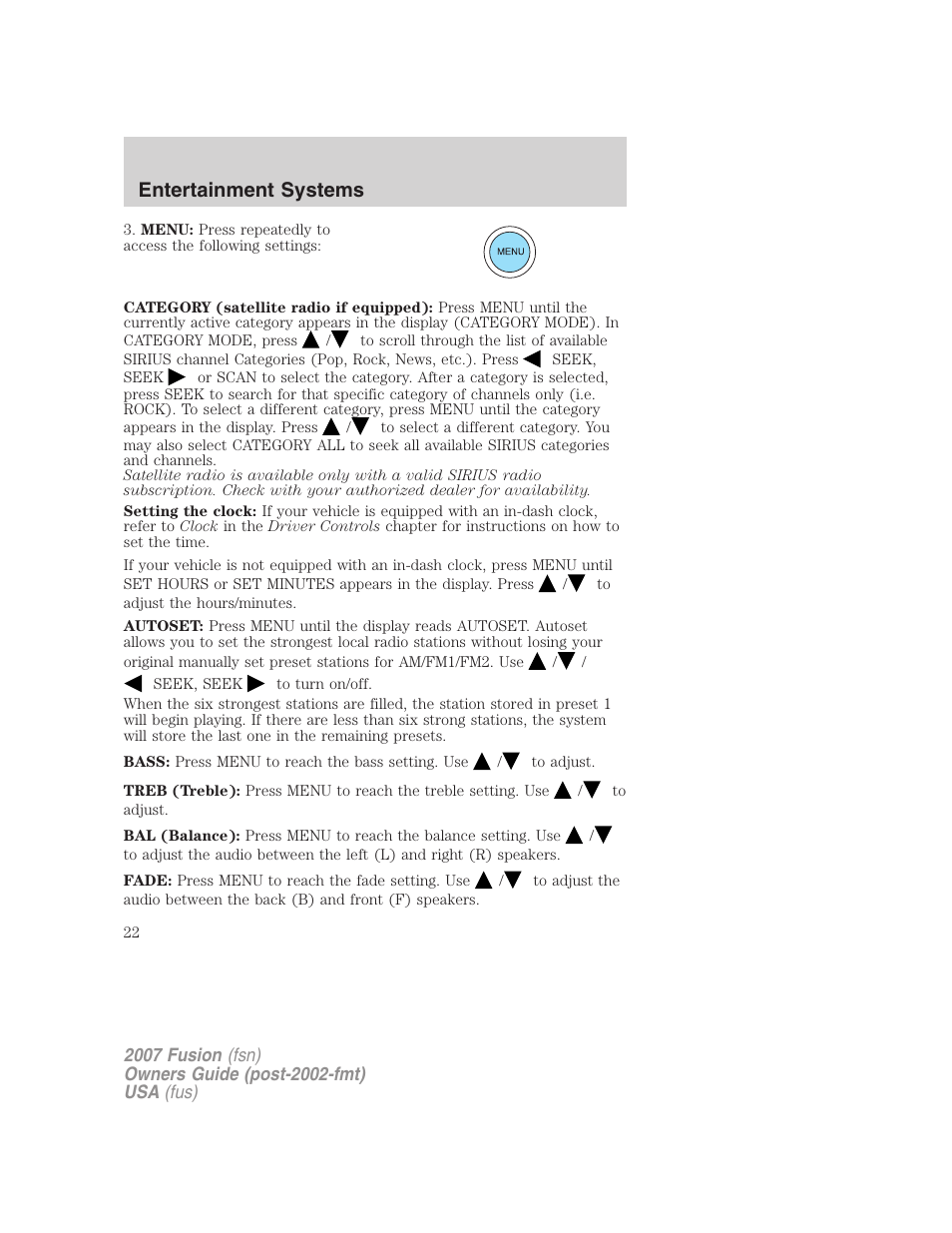 Entertainment systems | FORD 2007 Fusion v.2 User Manual | Page 22 / 280