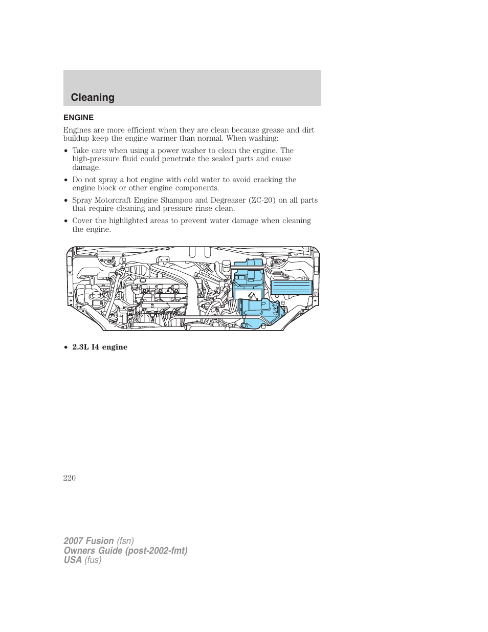 Engine, Cleaning | FORD 2007 Fusion v.2 User Manual | Page 220 / 280