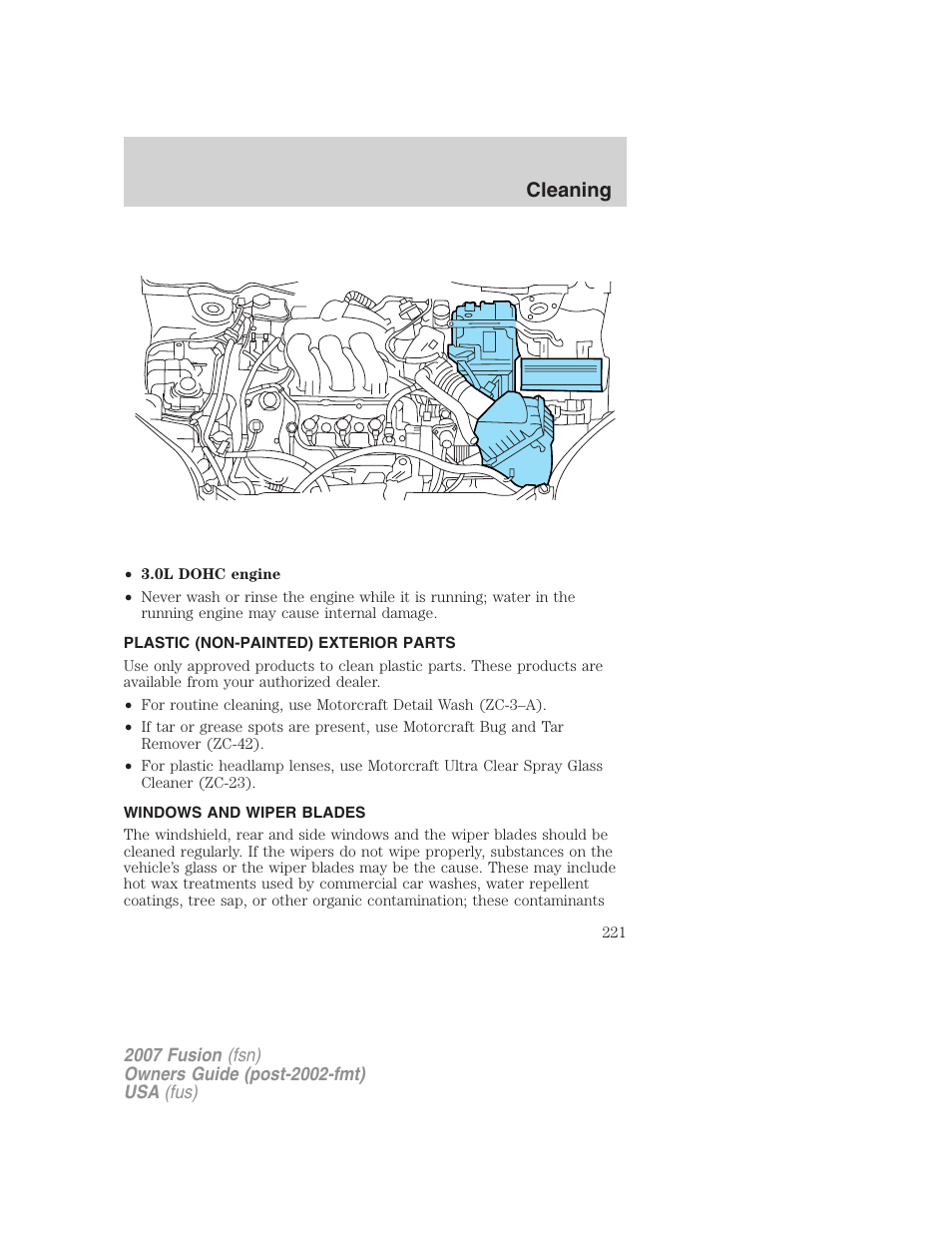 Plastic (non-painted) exterior parts, Windows and wiper blades, Cleaning | FORD 2007 Fusion v.2 User Manual | Page 221 / 280