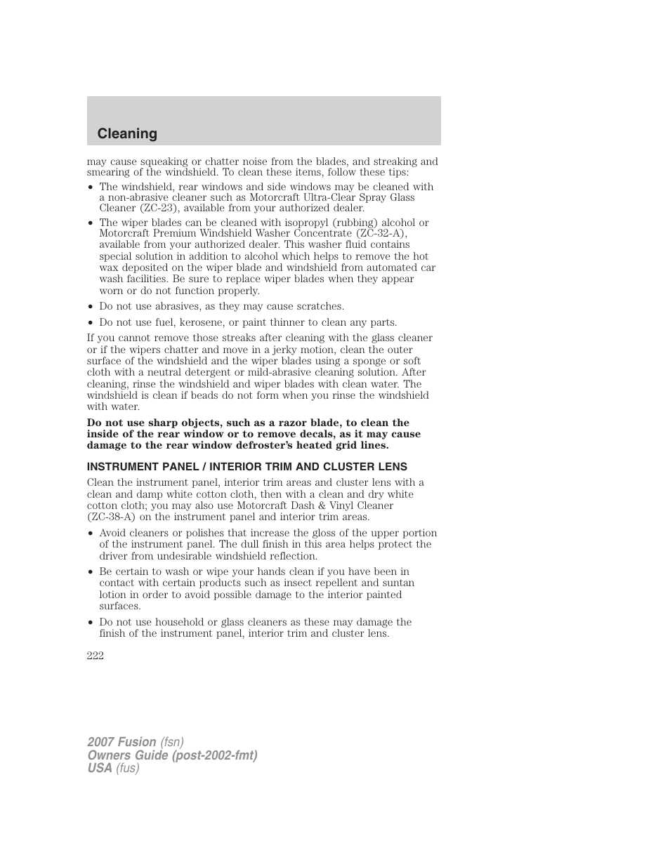 Instrument panel / interior trim and cluster lens, Cleaning | FORD 2007 Fusion v.2 User Manual | Page 222 / 280