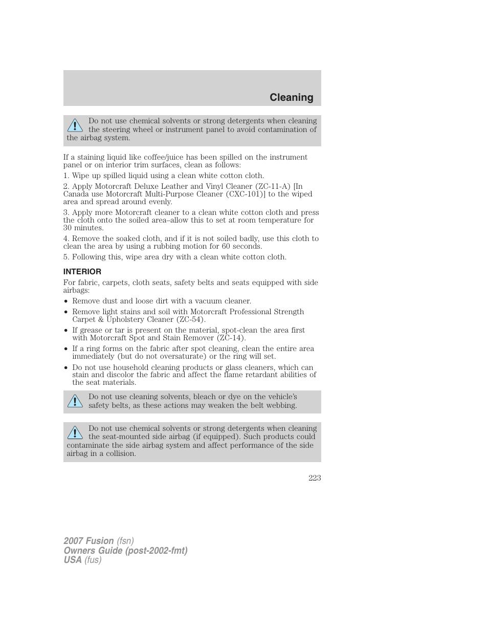 Interior, Cleaning | FORD 2007 Fusion v.2 User Manual | Page 223 / 280