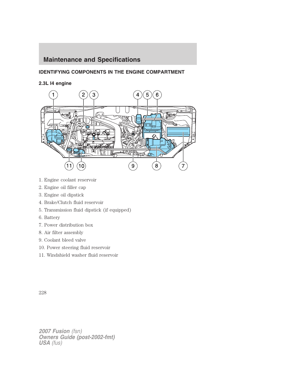 Identifying components in the engine compartment, 3l i4 engine, Engine compartment | Maintenance and specifications | FORD 2007 Fusion v.2 User Manual | Page 228 / 280