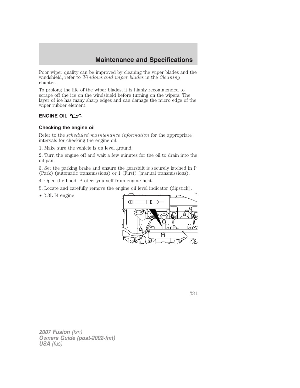 Engine oil, Checking the engine oil, Maintenance and specifications | FORD 2007 Fusion v.2 User Manual | Page 231 / 280