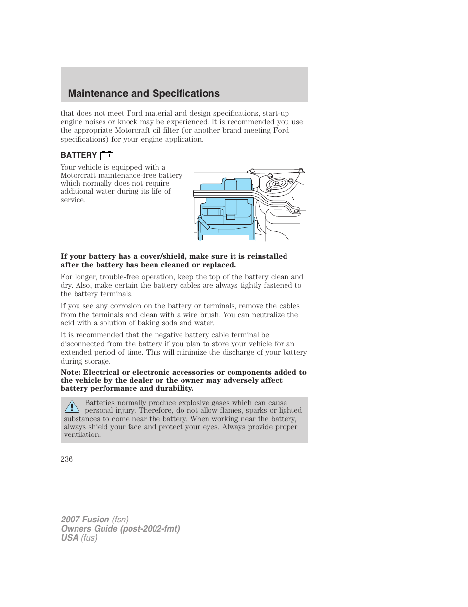 Battery, Maintenance and specifications | FORD 2007 Fusion v.2 User Manual | Page 236 / 280