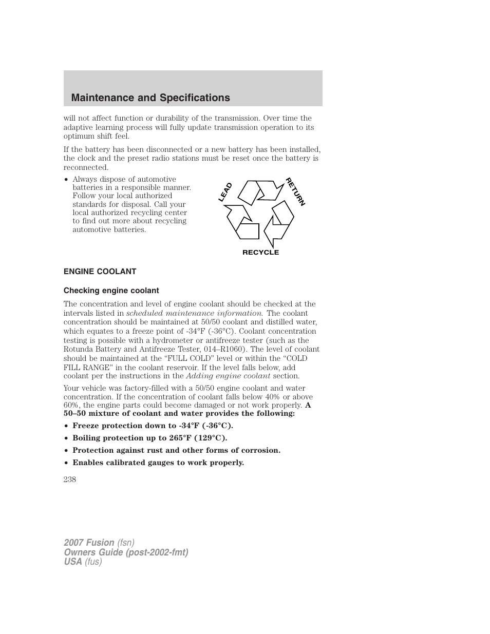 Engine coolant, Checking engine coolant, Maintenance and specifications | FORD 2007 Fusion v.2 User Manual | Page 238 / 280