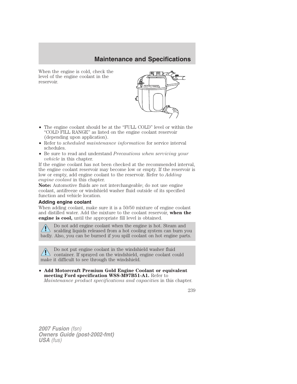 Adding engine coolant, Maintenance and specifications | FORD 2007 Fusion v.2 User Manual | Page 239 / 280