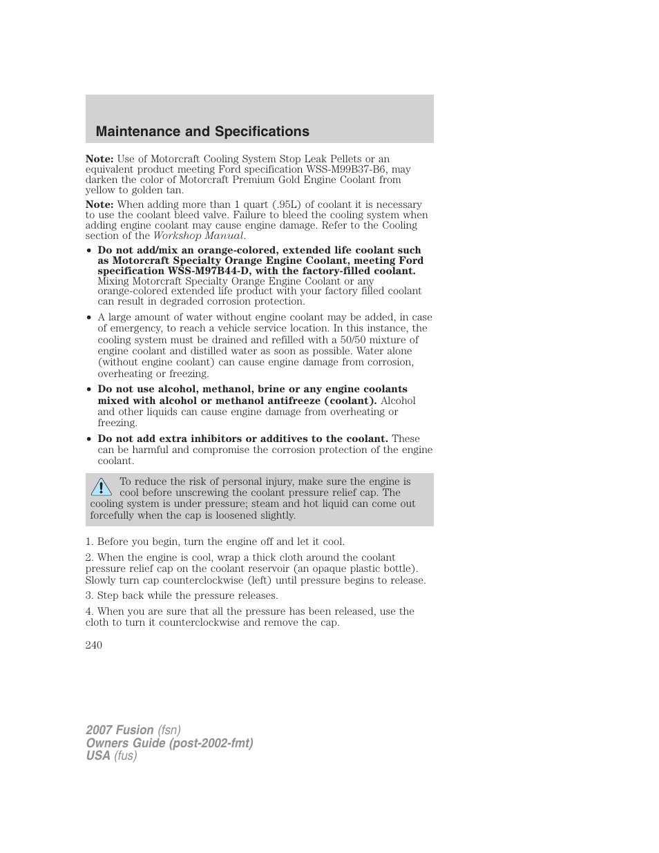 Maintenance and specifications | FORD 2007 Fusion v.2 User Manual | Page 240 / 280