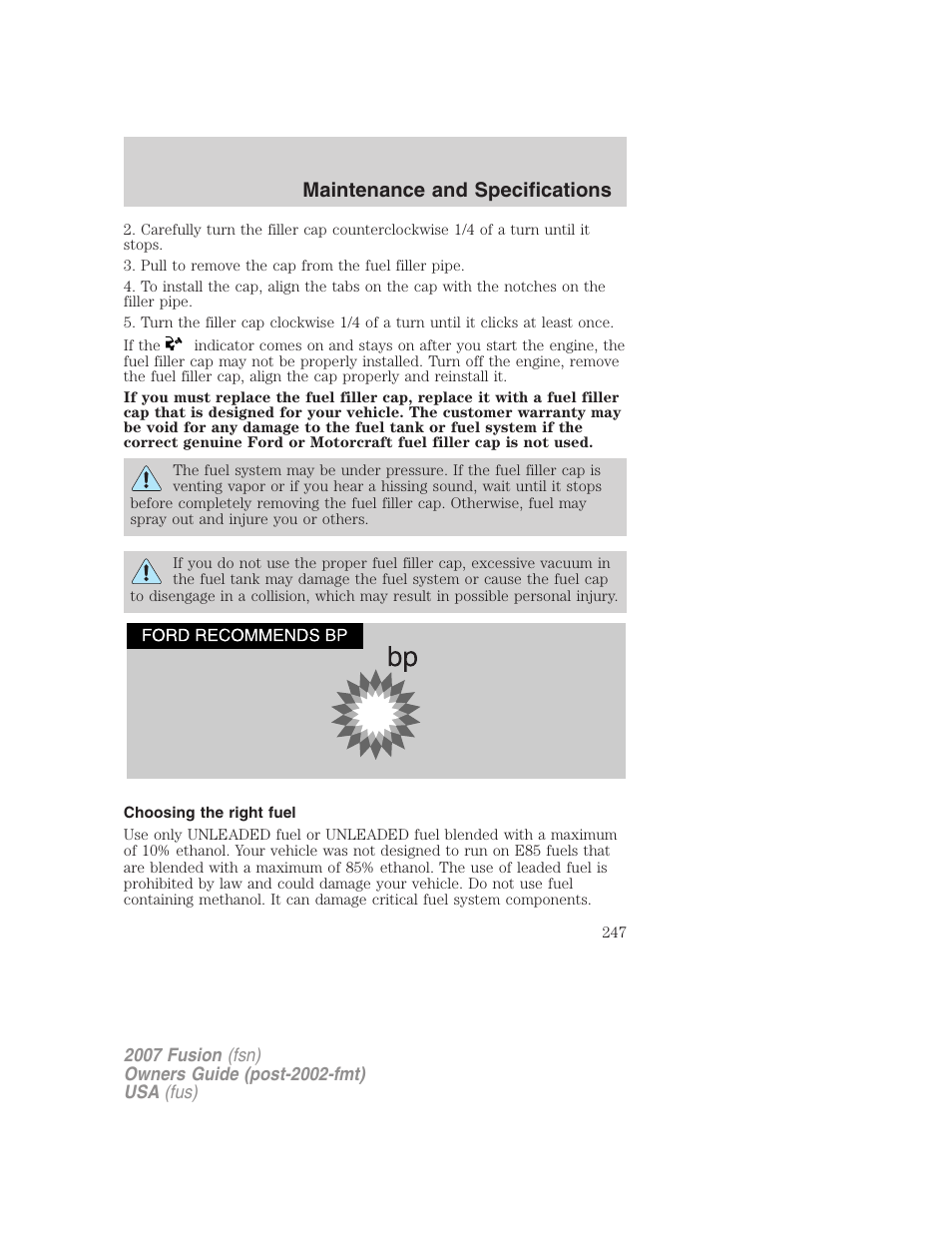 Choosing the right fuel, Maintenance and specifications | FORD 2007 Fusion v.2 User Manual | Page 247 / 280