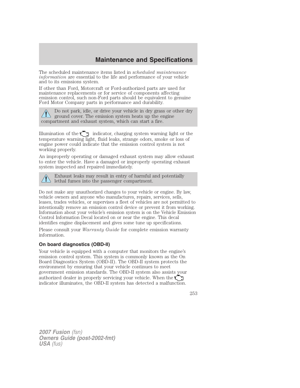 On board diagnostics (obd-ii), Maintenance and specifications | FORD 2007 Fusion v.2 User Manual | Page 253 / 280