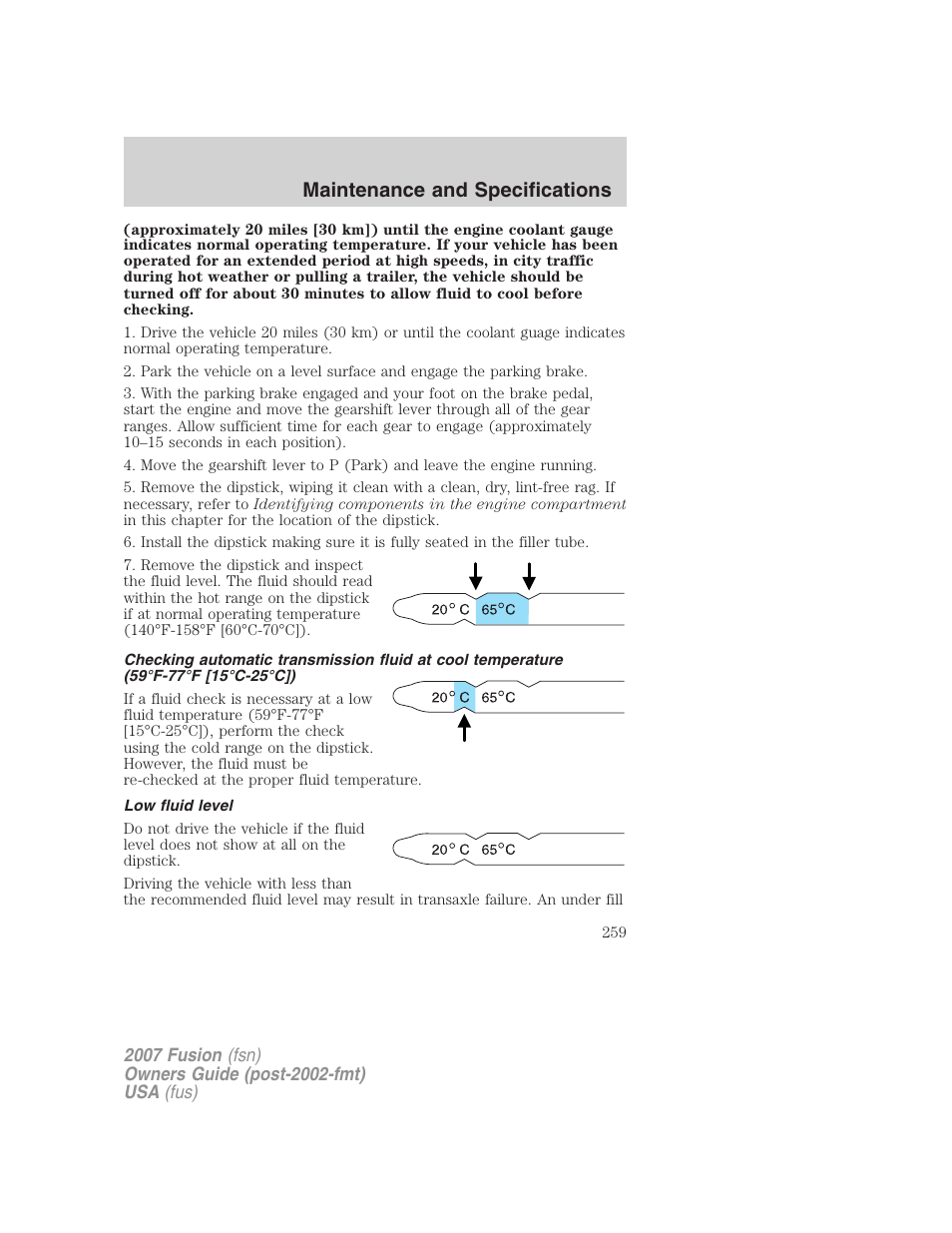 Low fluid level, Maintenance and specifications | FORD 2007 Fusion v.2 User Manual | Page 259 / 280