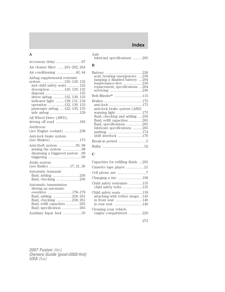 Index | FORD 2007 Fusion v.2 User Manual | Page 273 / 280