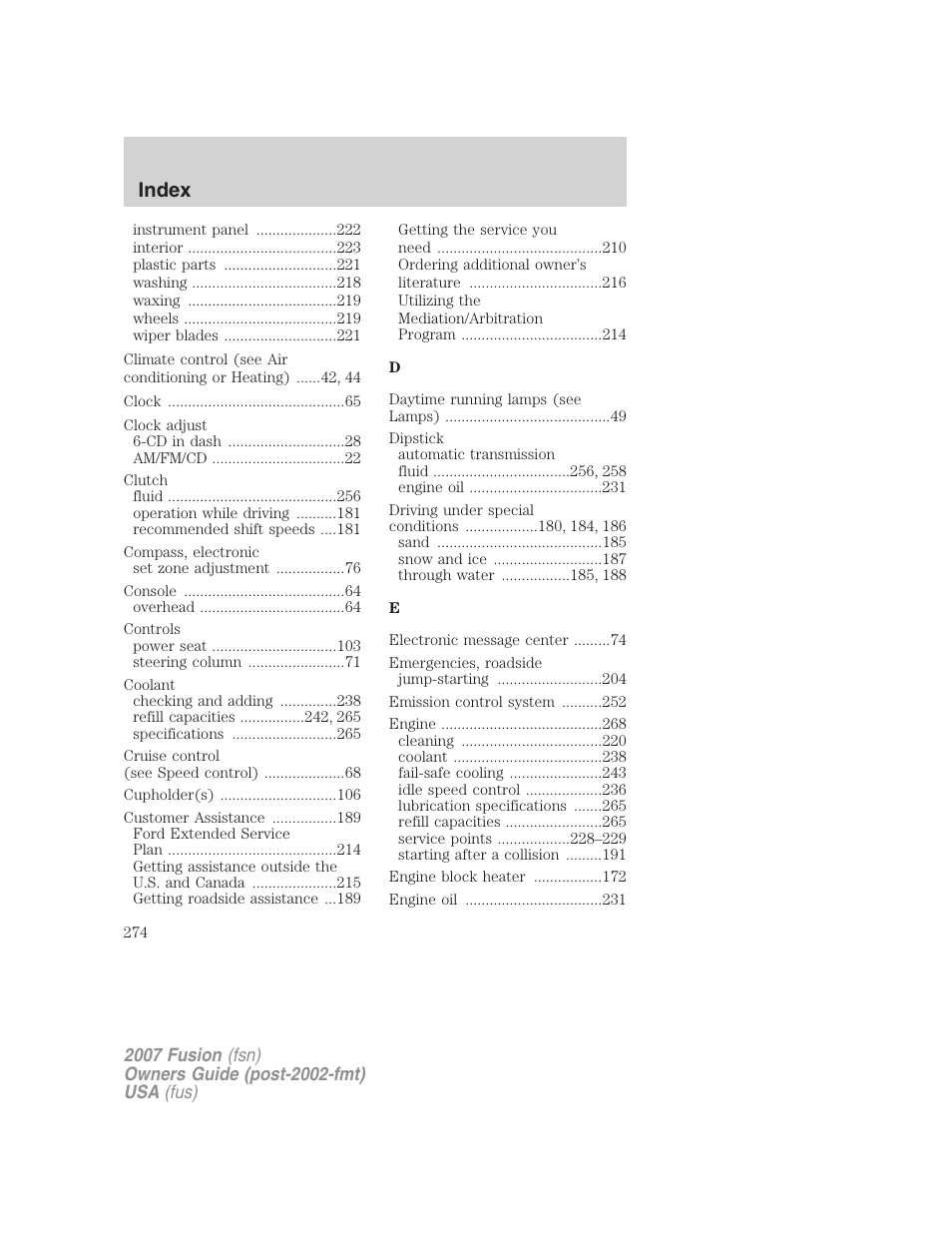 Index | FORD 2007 Fusion v.2 User Manual | Page 274 / 280