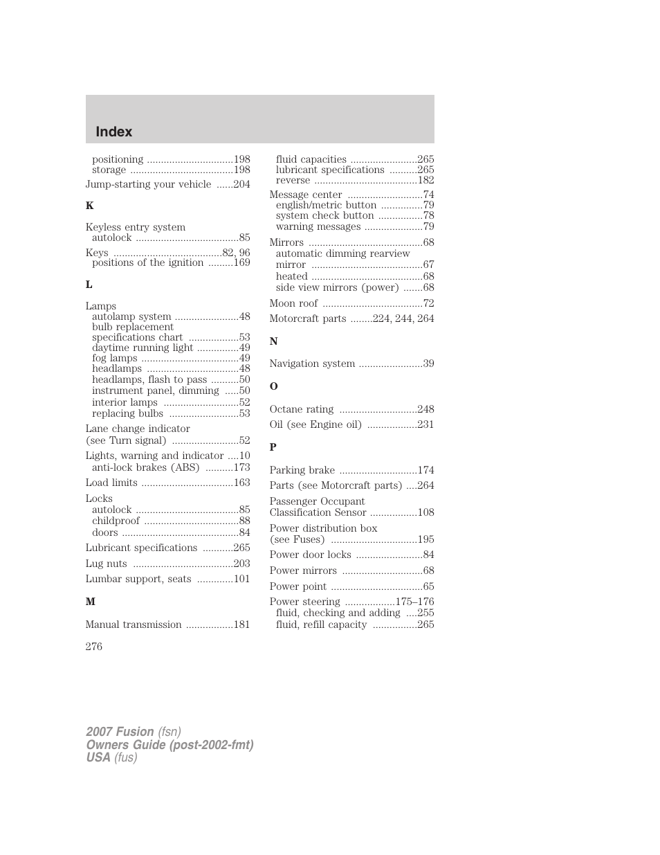 Index | FORD 2007 Fusion v.2 User Manual | Page 276 / 280