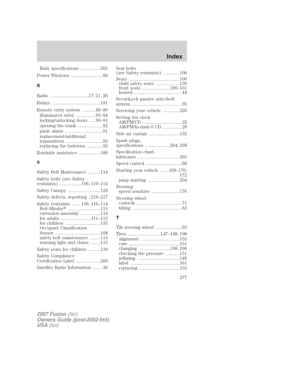 Index | FORD 2007 Fusion v.2 User Manual | Page 277 / 280