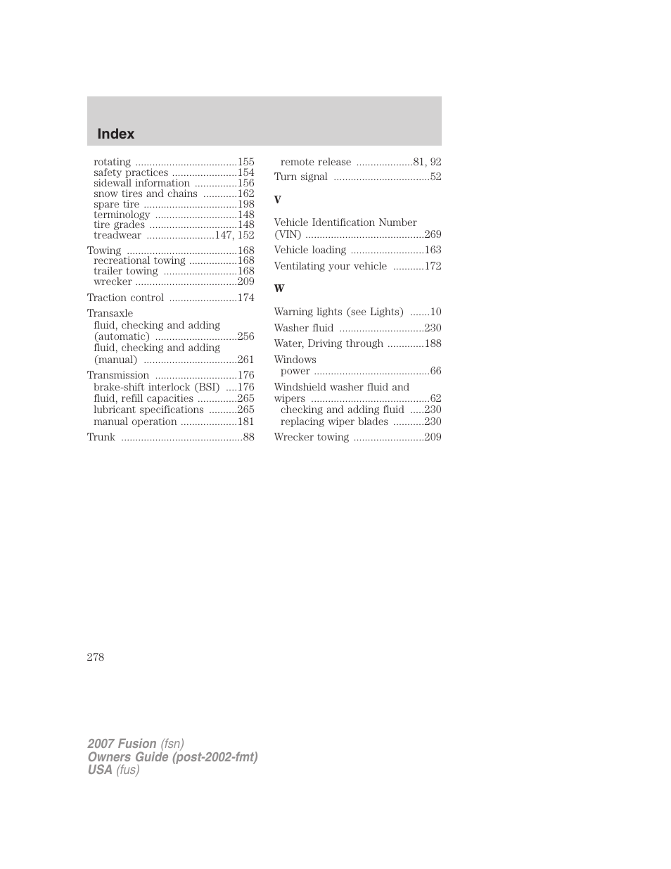 Index | FORD 2007 Fusion v.2 User Manual | Page 278 / 280