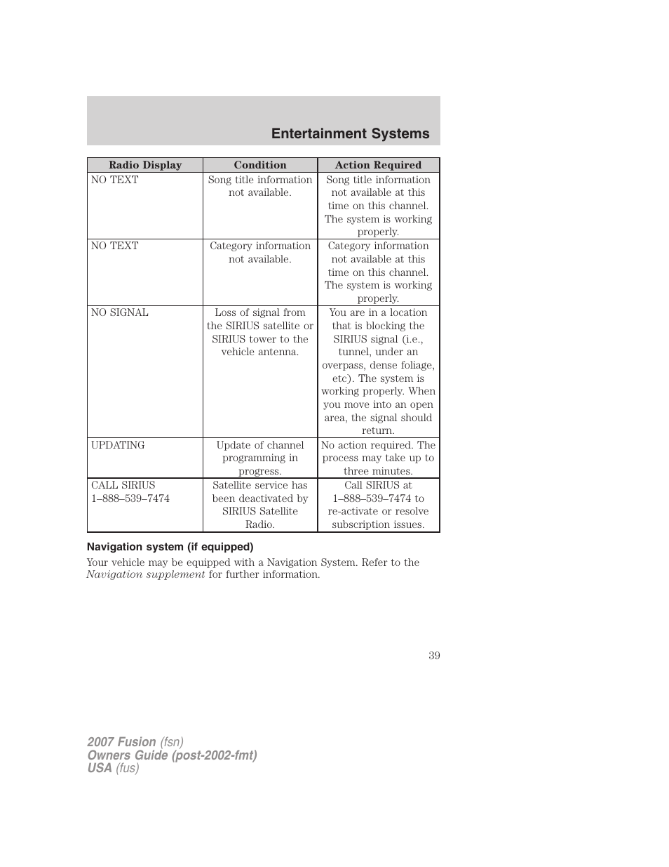 Navigation system (if equipped), Navigation system, Entertainment systems | FORD 2007 Fusion v.2 User Manual | Page 39 / 280