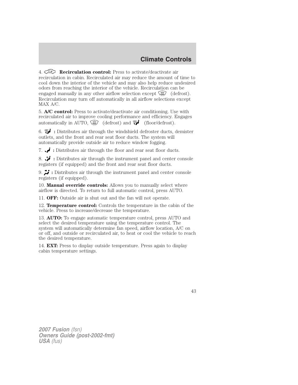 Climate controls | FORD 2007 Fusion v.2 User Manual | Page 43 / 280