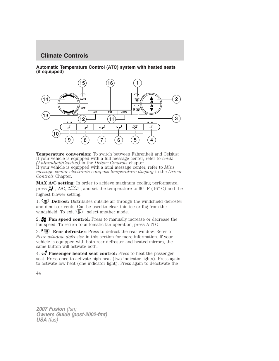 Climate controls | FORD 2007 Fusion v.2 User Manual | Page 44 / 280