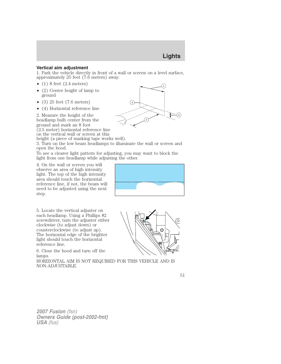Vertical aim adjustment, Lights | FORD 2007 Fusion v.2 User Manual | Page 51 / 280