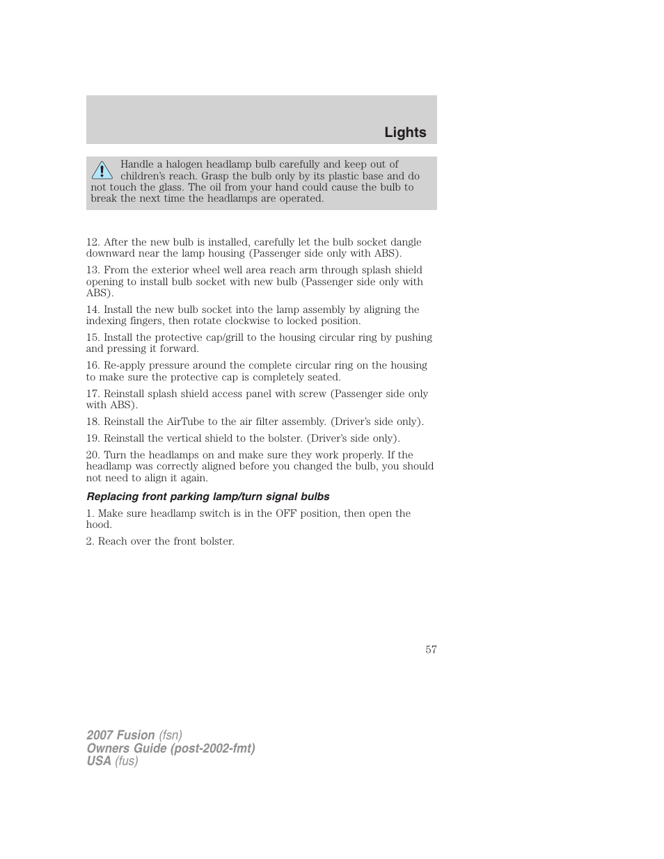 Replacing front parking lamp/turn signal bulbs, Lights | FORD 2007 Fusion v.2 User Manual | Page 57 / 280