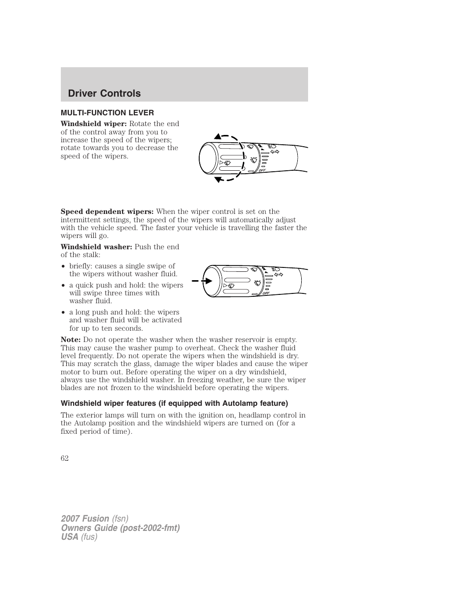 Driver controls, Multi-function lever, Windshield wiper/washer control | FORD 2007 Fusion v.2 User Manual | Page 62 / 280