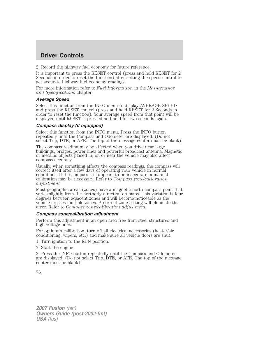 Average speed, Compass display (if equipped), Compass zone/calibration adjustment | Driver controls | FORD 2007 Fusion v.2 User Manual | Page 76 / 280