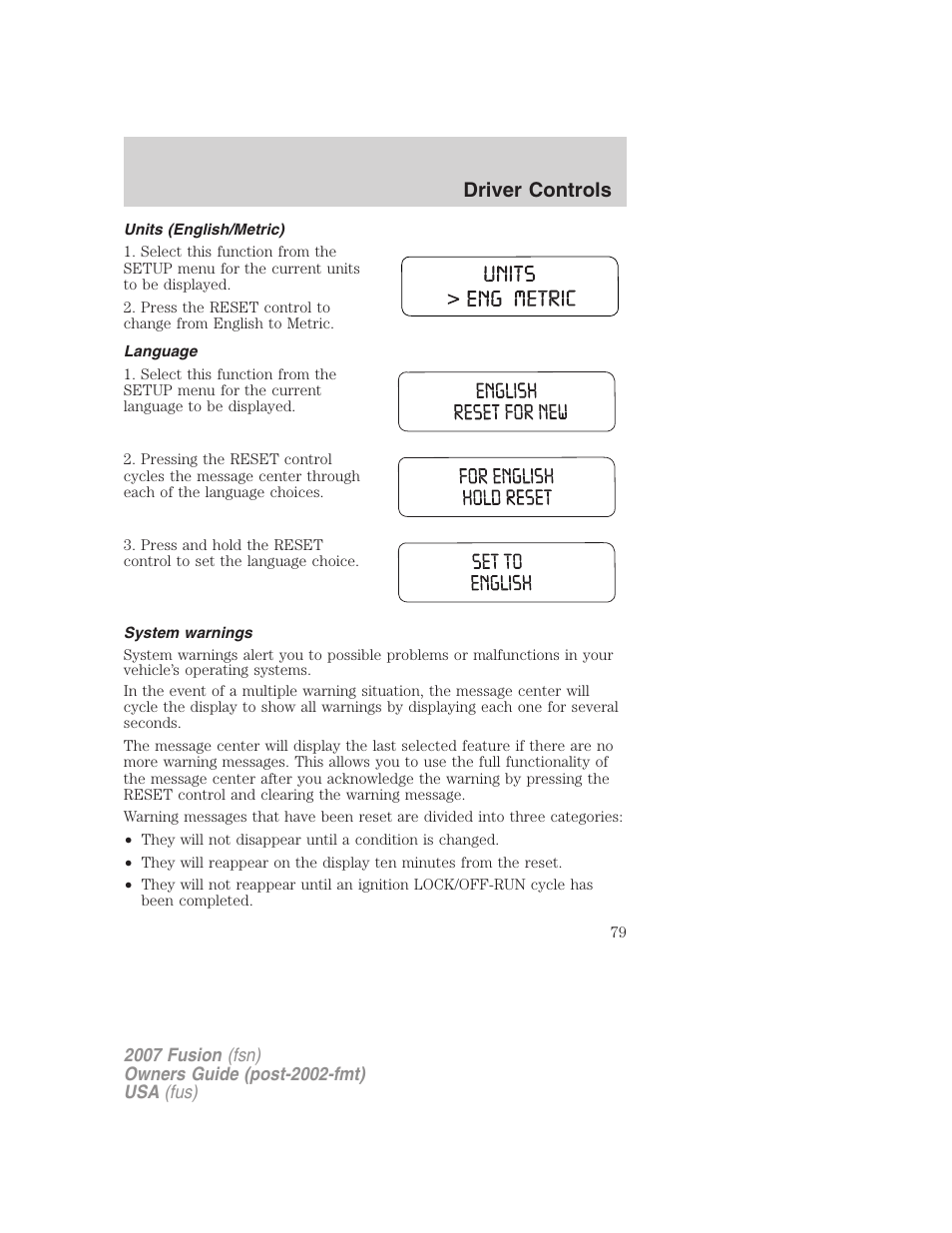 Units (english/metric), Language, System warnings | Driver controls | FORD 2007 Fusion v.2 User Manual | Page 79 / 280