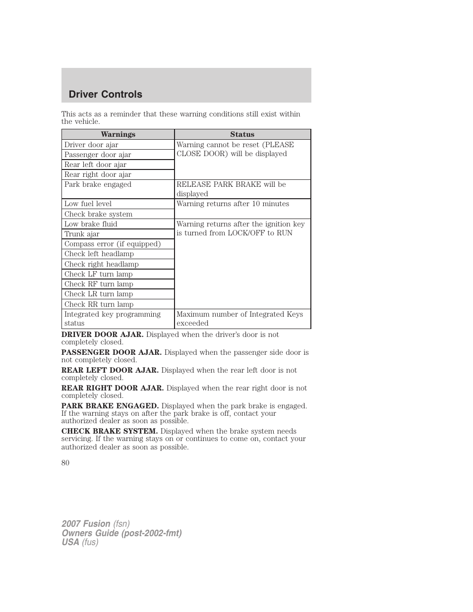 Driver controls | FORD 2007 Fusion v.2 User Manual | Page 80 / 280