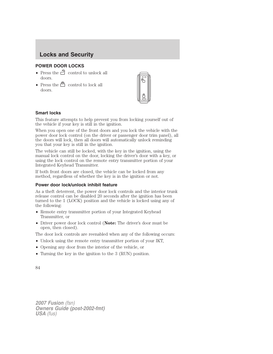 Power door locks, Smart locks, Power door lock/unlock inhibit feature | Locks, Locks and security | FORD 2007 Fusion v.2 User Manual | Page 84 / 280